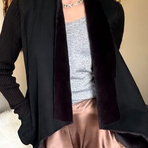 Saks Fifth Avenue Black Suede Faux Fur Cardigan XS Rib Knit Jacket Pockets